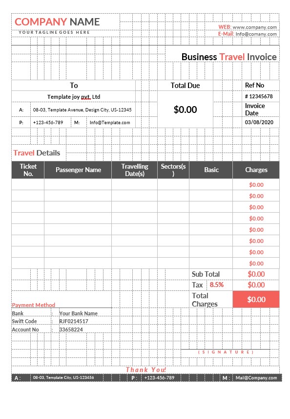Business Travel Invoice Template PSD template